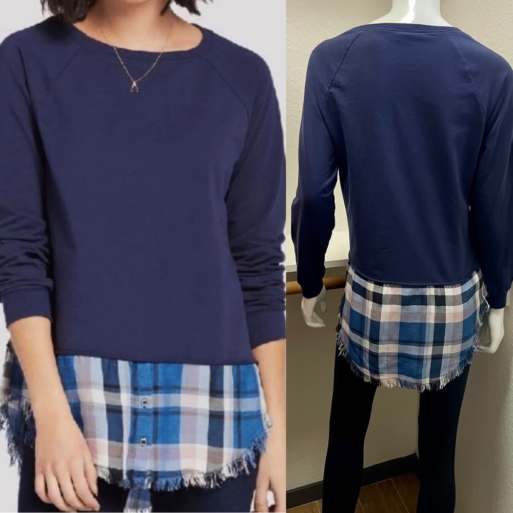 PEYTON JENSEN Blue Stretch Jersey with Plaid Sz XS